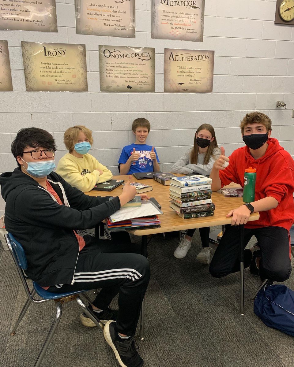 RussoReads's tweet photo. It’s National Poetry Month! We had some Friday fun playing with words and creating book spine poetry!📚 https://t.co/3Y4bRKxFWv