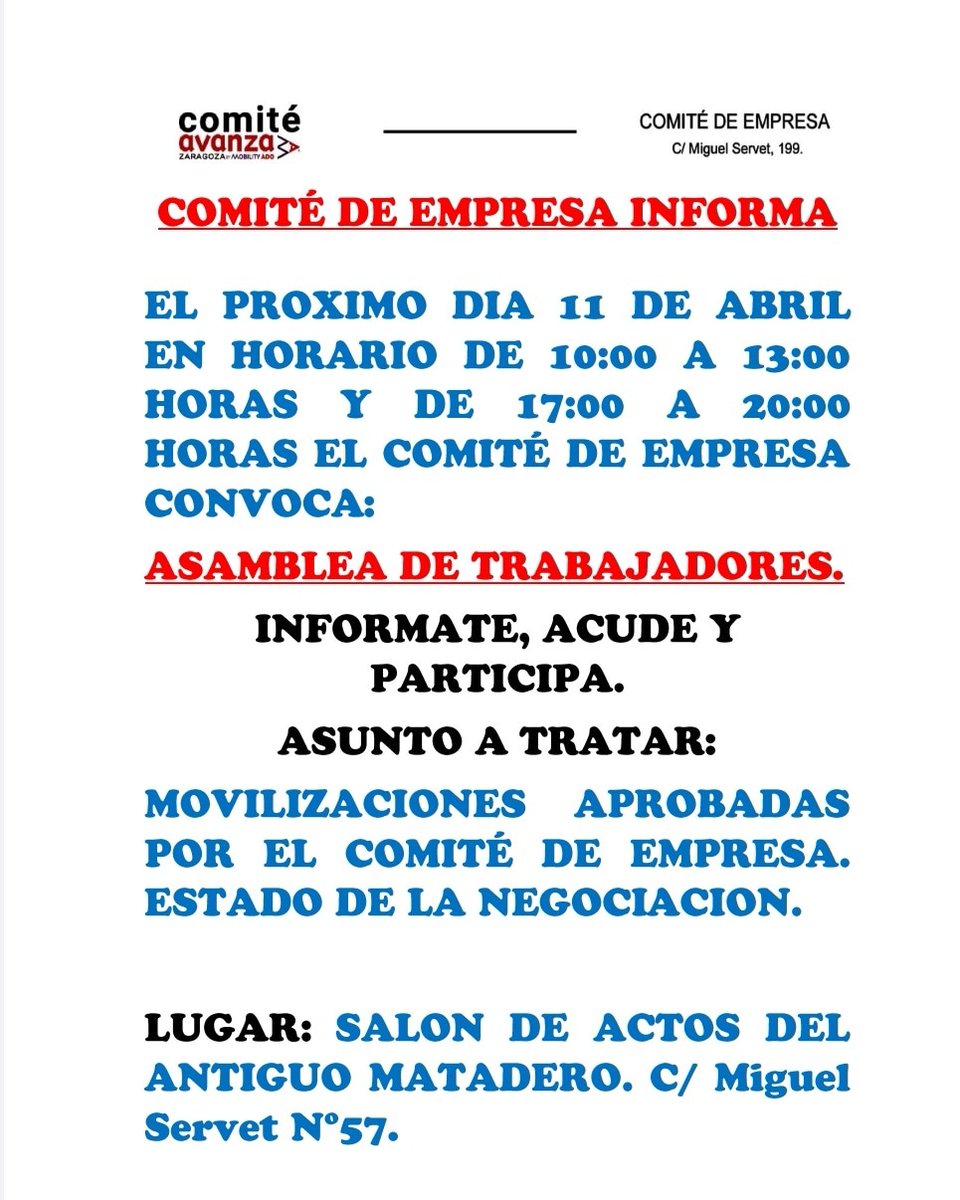 Ven a la Asamblea a informarte de como va el Convenio. PARTICIPA