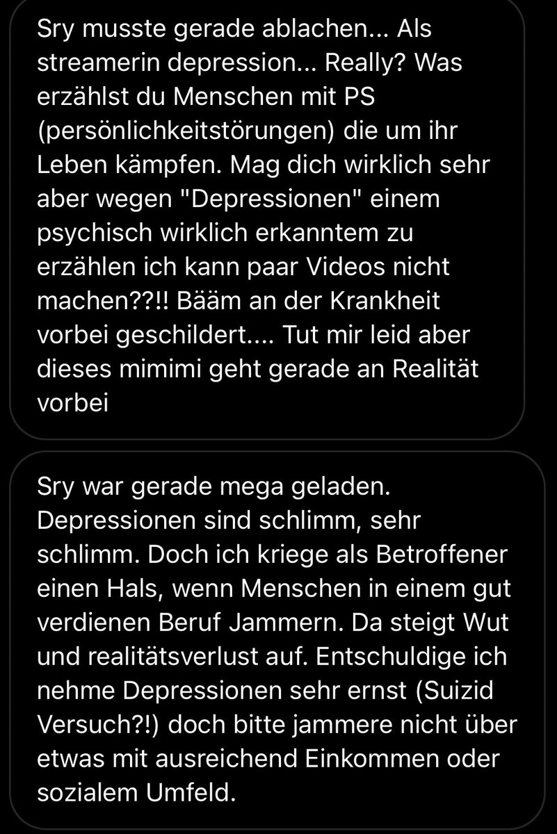Ja, ich leide unter Depression &amp; bin in Therapie, mache daraus kein Tabu-Thema, sondern möchte es normalisieren und öffentlich ansprechen.
Aber weil ich „gut verdiene“, darf es mir nicht schlecht gehen. Was fällt mir nur ein, unter Depression zu leiden. Hab mir das ja ausgesucht.