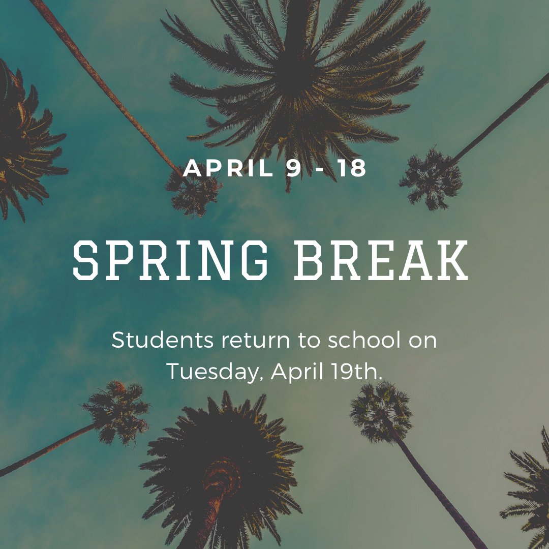 Fremont_PDMS's tweet photo. This is a friendly little reminder that students and teachers will have a well-earned break next week. Additionally, there is NO school for students on Monday, April 18th. 

Classes will resume on Tuesday, April 19th. https://t.co/S70MKa2YXC
