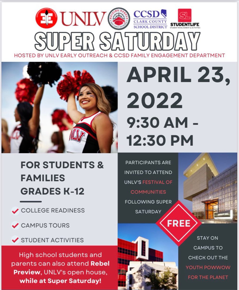📣📣 Don’t forget! Join us and @unlvearlyoutreach for Super Saturday! Free for all parents and their students K-12. 

Date: April 23, 2022
Time: 9:30 a.m. - 12:30 p.m. 
Where: UNLV Campus
REGISTER > tinyurl.com/unlvsupersatur… 

<a href="/ClarkCountySch/">CCSD</a> <a href="/GEARUPNVCCSD/">NV GEAR UP CCSD</a> <a href="/GEARUPNV/">Nevada State GEAR UP</a> <a href="/UNLVGEARUP/">UNLV GEAR UP</a>