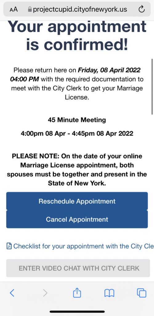 CherKhann's tweet photo. @NYCClerk Please help - I’ve been trying to enter my virtual marriage license appointment for the last 40 minutes but the button to enter the video chat with the county clerk is greyed out. We’re getting married in May https://t.co/t9fK2cs7I6