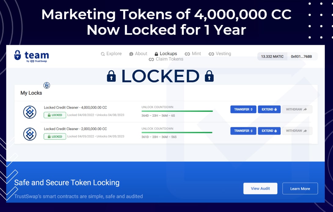 CreditCleanerCC's tweet photo. #MoreGreatNews! 

To give our community a peace of mind
we have locked 4 more Million CC Tokens for 1 Year.
This brings the total of 6 Million CC Tokens Locked including the Team Tokens which is 30% of the Entire Max Supply and Locking more than 60% of Credit Cleaners Supply. https://t.co/mofQotlVvI