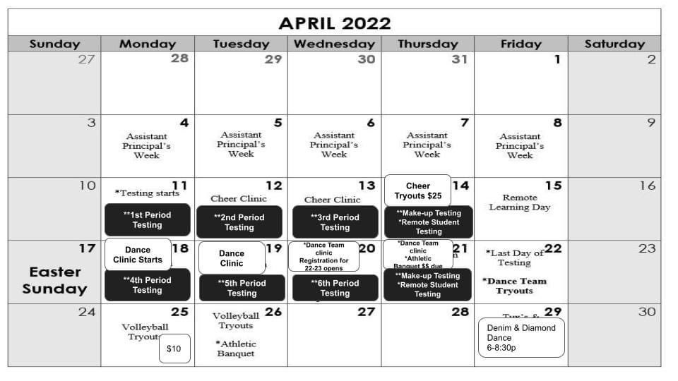 CaMSEagles's tweet photo. Testing starts next week!! Also, here's a glimpse of our calendar for the next 2 months. Please be sure to view emails from the listserv for more details! 
Monday, students that have ELA, Math, or Science (6th &amp; 8th only) will test during first period! https://t.co/1n8ZtBikIX