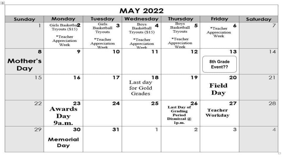 Testing starts next week!! Also, here's a glimpse of our calendar for the next 2 months. Please be sure to view emails from the listserv for more details! 
Monday, students that have ELA, Math, or Science (6th &amp; 8th only) will test during first period!