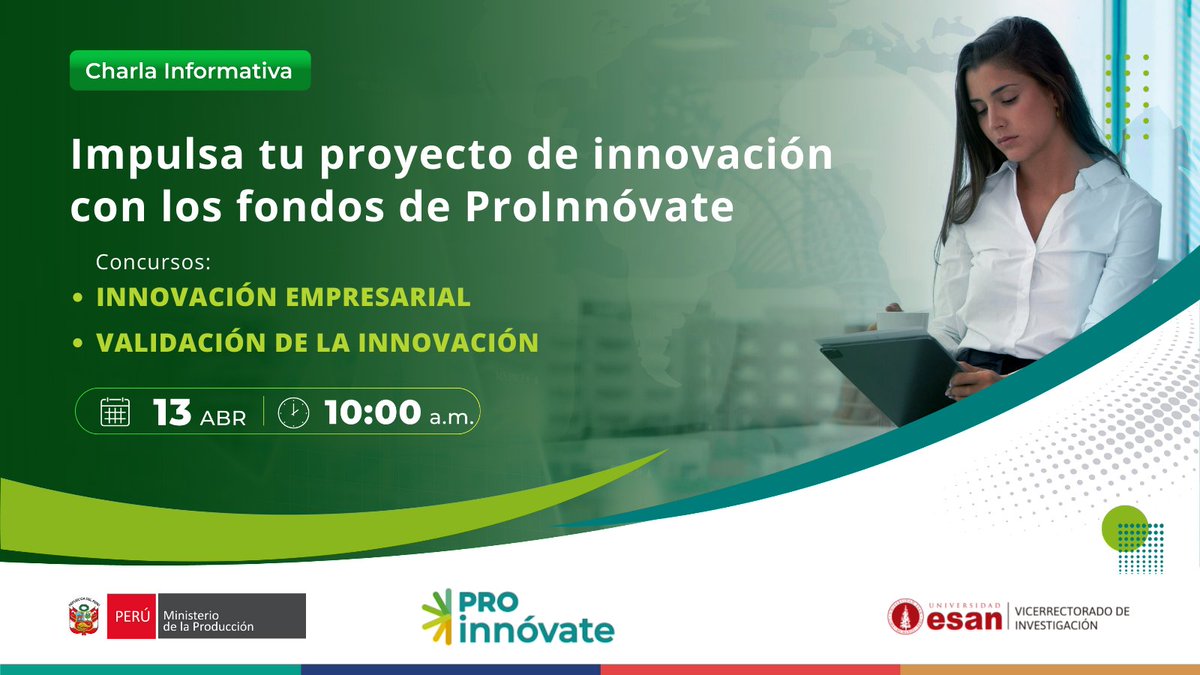 EsanVdi's tweet photo. ¡𝗔𝗰𝘁𝘂𝗮𝗹𝗶𝘇𝗮𝗺𝗼𝘀 𝗹𝗮 𝗳𝗲𝗰𝗵𝗮!
Infórmate sobre las #convocatorias lanzadas por el programa #ProInnóvate en esta charla informativa que #ESANCTi está organizando.
Inscríbete aquí 👉 https://t.co/DeTbV1ORdy
📅 13 de abril
🕙 10:00 a. m.
💻 Vía Zoom
#ESANVDI #UESAN https://t.co/6OBcu7zQS5