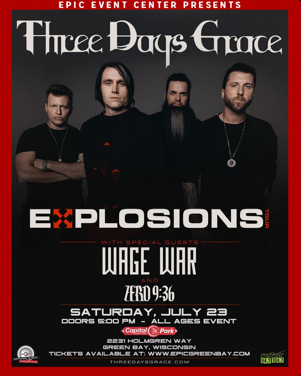 EPICGreenBay's tweet photo. 𝐉𝐔𝐒𝐓 𝐀𝐍𝐍𝐎𝐔𝐍𝐂𝐄𝐃!

Our FIRST outdoor concert of 2022! EPIC Event Center presents Three Days Grace at Capital Credit Union Park in Green Bay! Sat. July 23 w special guests Wage War and Zero 9:36. 

Tix go on sale THIS Friday at 10AM! 

@threedaysgrace @WageWar @Zero936 https://t.co/UGAAUINb3B