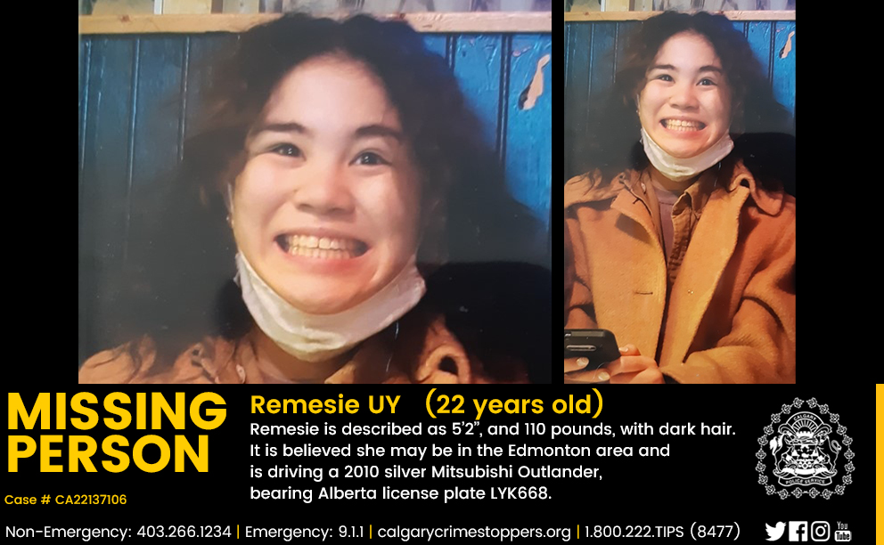 Missing Person – Remesie UY We are seeking public assistance to locate a Calgary woman, Remesie UY, 22, who was last seen at her home in the northeast community of Cityscape. newsroom.calgary.ca/missing-person… @canstopcrime #yyc