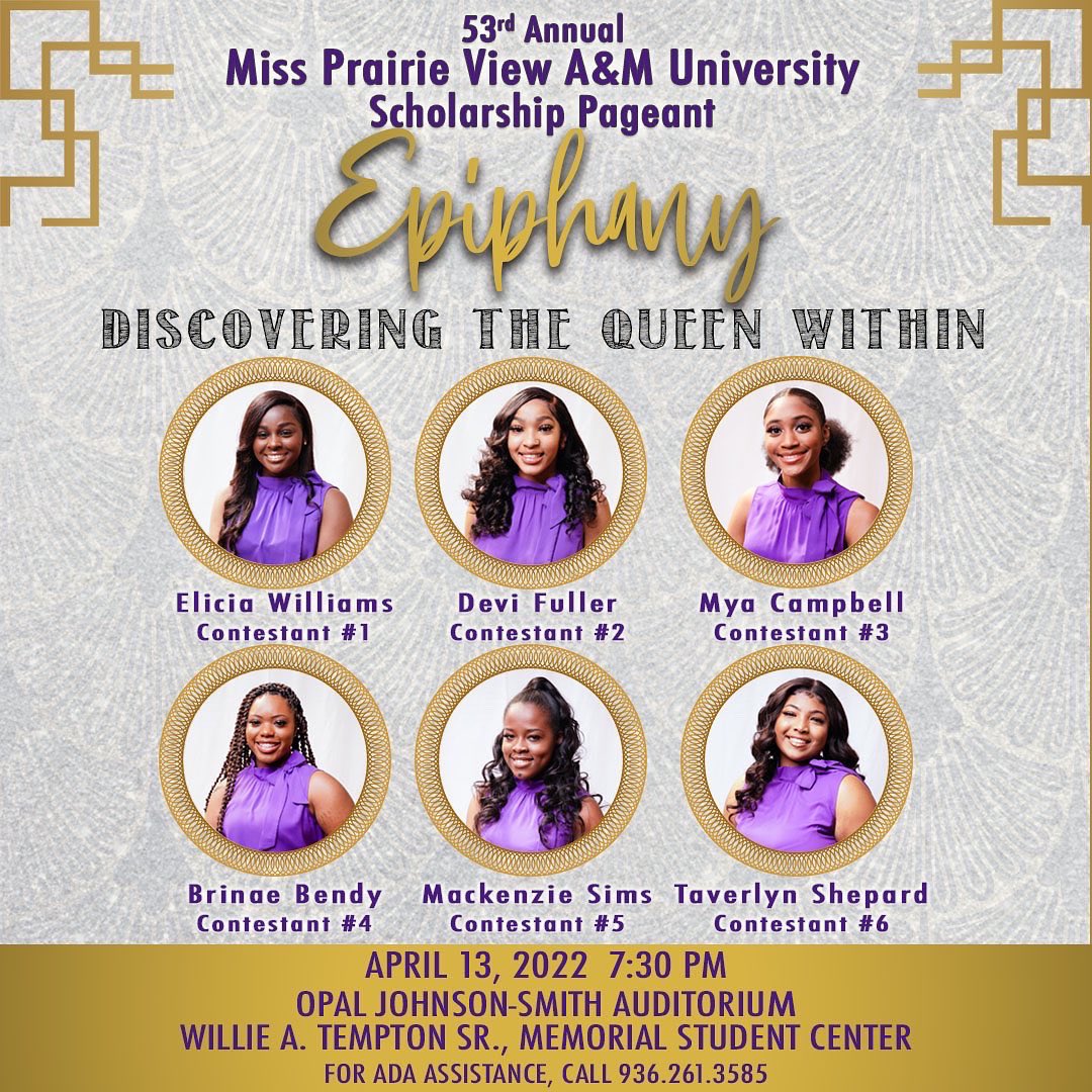 PVAMU's tweet photo. The 53rd Annual Miss Prairie View A&amp;M University Scholarship Pageant is 5 days
away! See this thread to meet our contestants! 👑💜💛
#pvamu #misspvamu22 #pvamuroyalty https://t.co/4E5DWZ0lyL