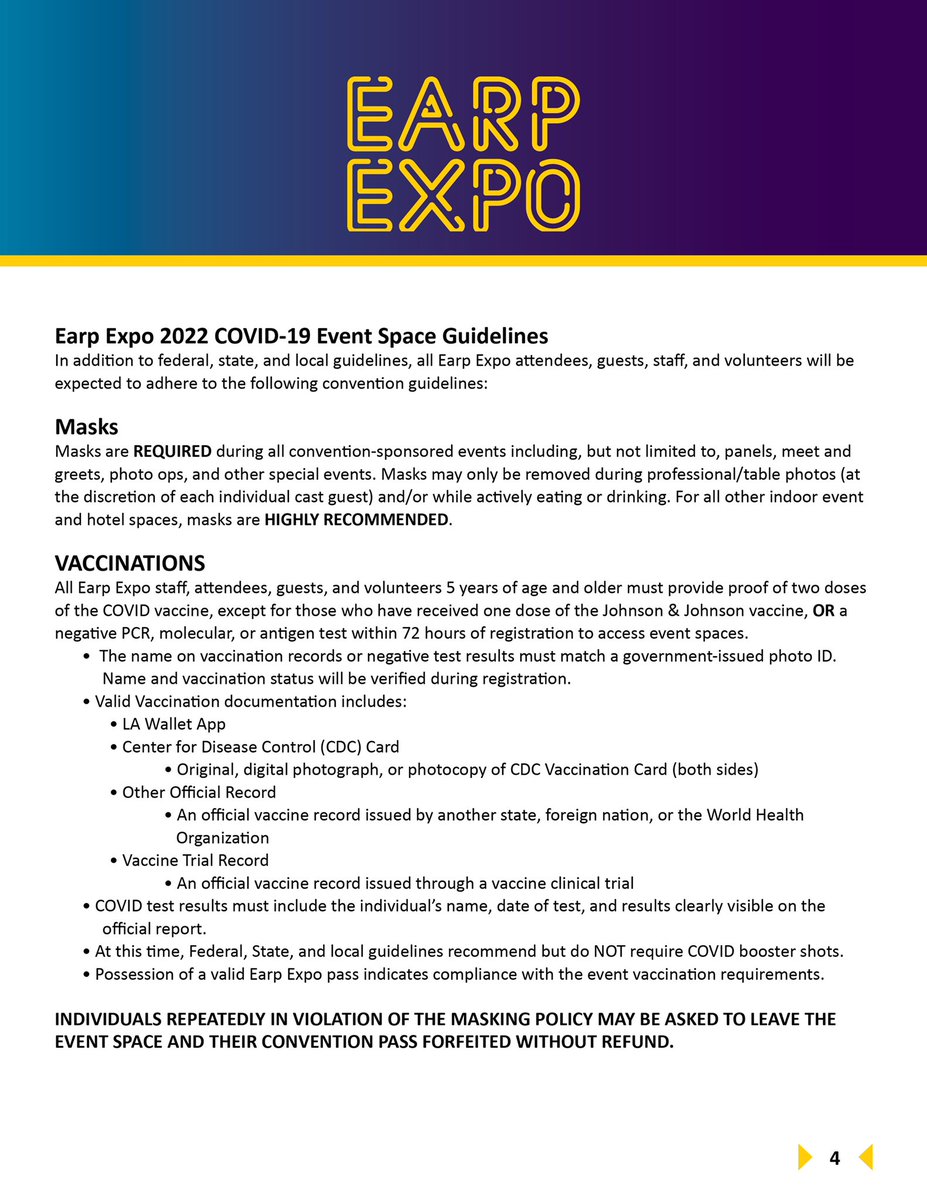 EarpExpo's tweet photo. Our 2022 Earp Expo COVID-19 policy. If you have any questions please email us at COVID@earpexpo.org.
For the FULL report, which includes additional COVID guidelines for the Hyatt Regency, NOLA, and international and domestic travel visit our website. https://t.co/0dVAN50Zab https://t.co/MROy0m9Npx