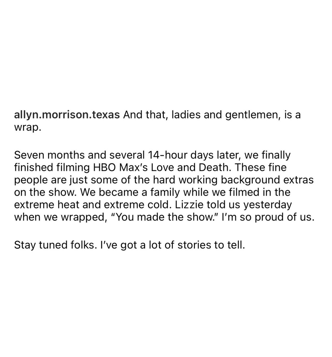lizziesboy's tweet photo. “Seven months and several 14 hour days later, we finally finished HBO Max’s Love and Death.”

“Lizzie told us yesterday when we wrapped - “You made the show” ♥️ https://t.co/euuIZ6KECL