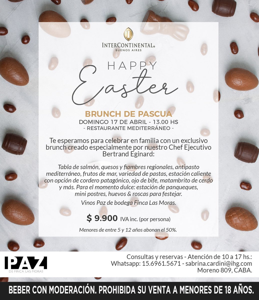 Let´s celebrate #Easter! 🐰🥂
.
Te esperamos el domingo 17 de abril para festejar #Pascua en familia con un exclusivo #BRUNCH junto a los vinos Paz de bodega @fincalasmoras.
.
Consultas &amp; Reservas de 10 a 17hs: sabrina.cardini@ihg.com . WSP 15.6961.5671