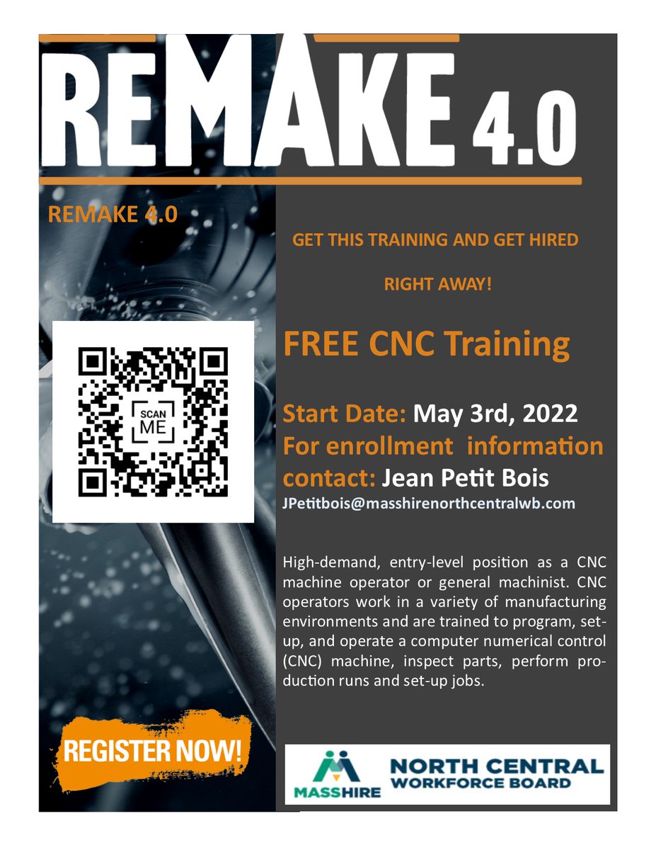 reMAke4_0's tweet photo. Free CNC Training.... great introduction to manufacturing careers.  Once the training is complete, we can assist with your job placement! https://t.co/5oe02tqWvR
