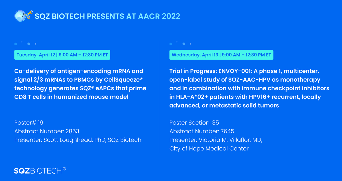 SQZBiotech (@sqzbiotech) on Twitter photo At #AACR22, <a href="/SQZBiotech/">SQZBiotech</a> will present a poster on the SQZ® eAPC platform and a Trial-in-Progress presentation on our SQZ® AAC candidate: investors.sqzbiotech.com/posters-and-pu… Cc <a href="/cityofhope/">City of Hope</a> At #AACR22, <a href="/SQZBiotech/">SQZBiotech</a> will present a poster on the SQZ® eAPC platform and a Trial-in-Progress presentation on our SQZ® AAC candidate: investors.sqzbiotech.com/posters-and-pu… Cc <a href="/cityofhope/">City of Hope</a>