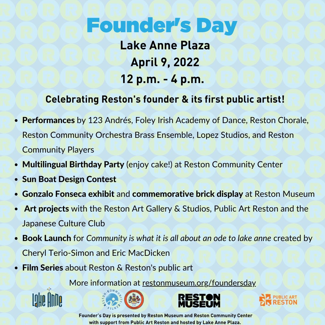 Founder's Day countdown! One more day until we gather @lakeanneplaza for a full day of programs celebrating Reston.
More info here ow.ly/uM1z50IxEWf

@restonmuseum
@restoncommunitycenter
@restonassociation
@restonartgallery
@walteralcornfx