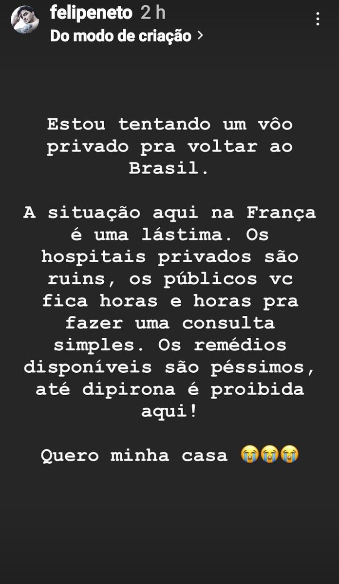 antoniofortal's tweet photo. Gente os stories do Felipe Neto preocupantes de verdade. Ele e seus 2 amigos estão tentando voltar de Londres para Brasil urgente. Com covid e sintomas de influenza #forcafelipeneto @felipeneto https://t.co/ld7XEjdoXK