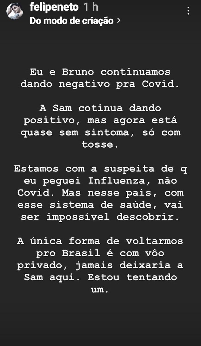 antoniofortal's tweet photo. Gente os stories do Felipe Neto preocupantes de verdade. Ele e seus 2 amigos estão tentando voltar de Londres para Brasil urgente. Com covid e sintomas de influenza #forcafelipeneto @felipeneto https://t.co/ld7XEjdoXK