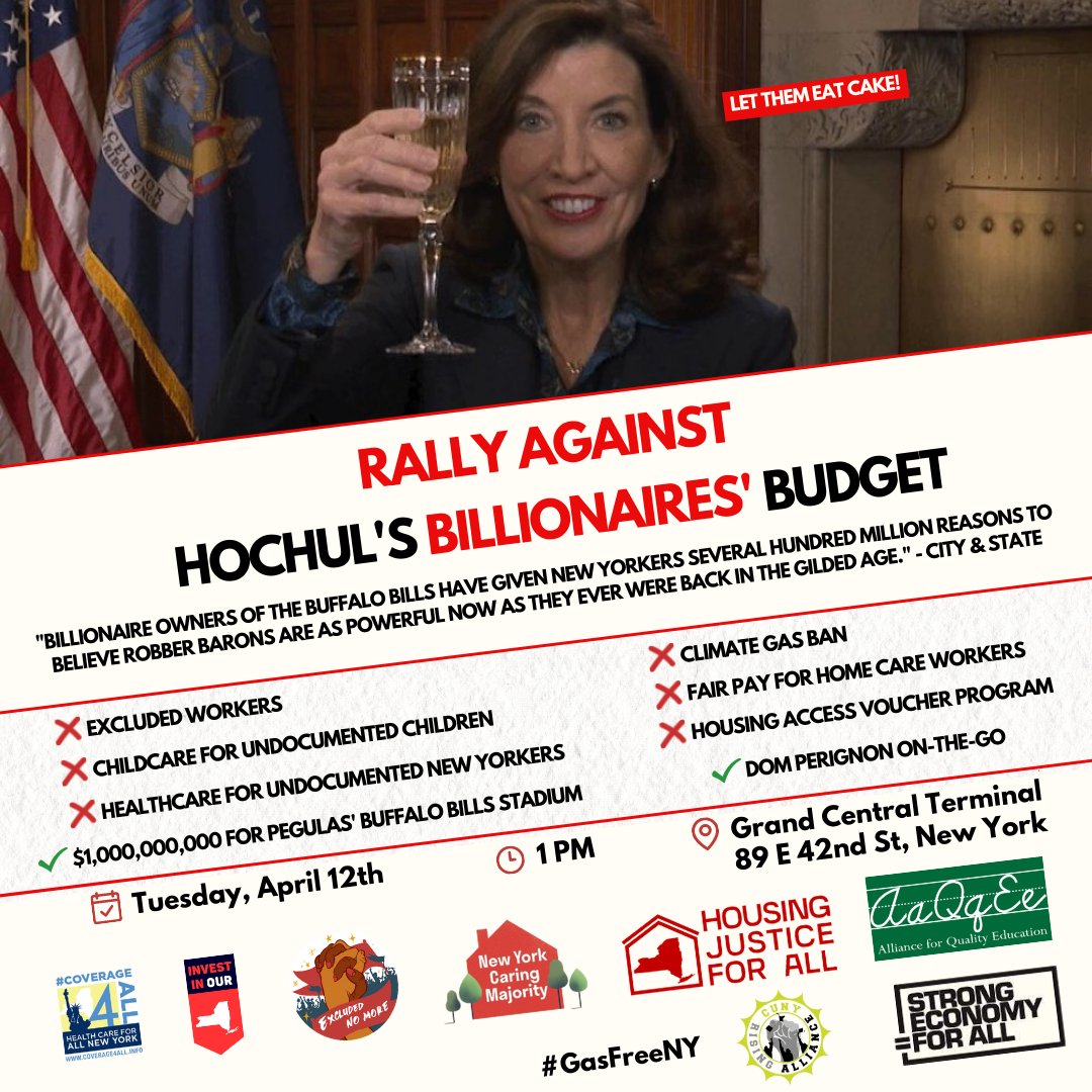 🚨 EMERGENCY RALLY! Fight back against @GovKathyHochul's disastrous Billionaire's Budget - a racist, anti-immigrant, classist moral failure which caters to billionaires and abandons working communities of color. 🗓️ Tue April 12 at 1 PM 📍 Grand Central Terminal, 89 E 42nd St NY