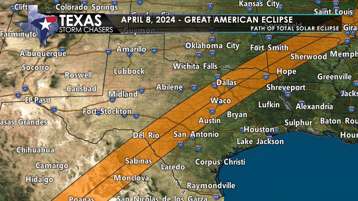 TxStormChasers's tweet photo. On April 8, 2024 the Great American Solar Eclipse will occur and feature Texas as part of the path of totality. The duration of the total eclipse will last up to 4 minutes and 27 seconds in the highlighted pathway. Make your plans to see this eclipse in totality! #TXwx #Eclipsefw https://t.co/LRtgriD9O8