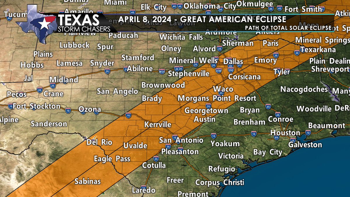 TxStormChasers's tweet photo. On April 8, 2024 the Great American Solar Eclipse will occur and feature Texas as part of the path of totality. The duration of the total eclipse will last up to 4 minutes and 27 seconds in the highlighted pathway. Make your plans to see this eclipse in totality! #TXwx #Eclipsefw https://t.co/LRtgriD9O8