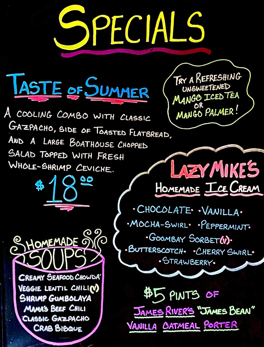 clareanddons's tweet photo. It’s finally Friday, y’all! 💅🏻
Come check out the wonderful sounds of Shartel and Hume and enjoy a Taste of Summer dinner special: acooling combo with classic Gazpacho, side of toasted flatbread, and a large boathouse chopped salad topped with whole-shrimp ceviche 🤤 https://t.co/9jxiKhQdw0