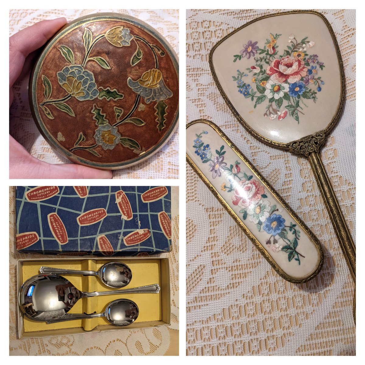 kitschsisgold's tweet photo. Mixed lot of goodies 

eBay listed 💜

#vintage #retro #brass #enamel #servingspoons #dessert #vanityset #mirror #embroidery #florals #goodies https://t.co/AQ7PLWJqGg