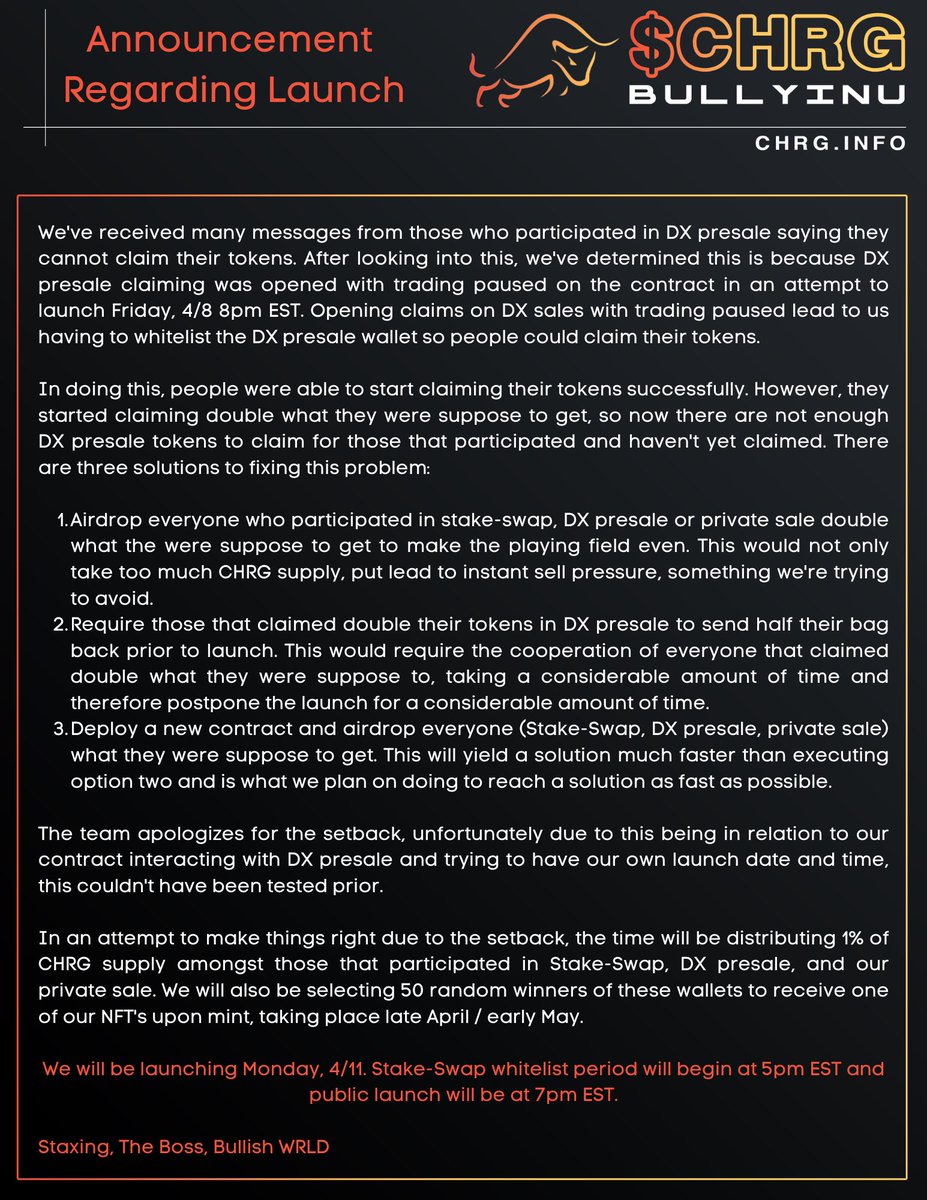 The team has an announcement, details attached, regarding the launch of $CHRG planned for tonight, 8pm EST. We will be on VC in our telegram tonight at 9pm EST do address any curiosities the community may have

💭 TG - t.me/CHRGETHPORTAL
🌐 Website - chrg.info