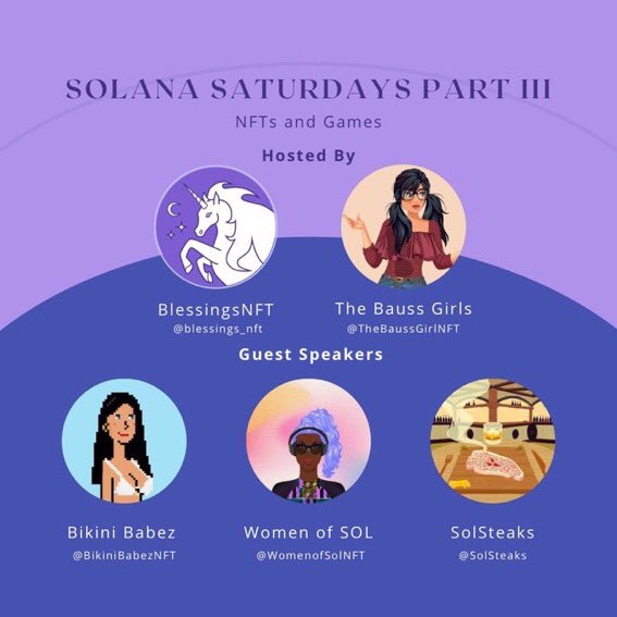 We are back with another #Solana Saturday woohoo 🎉 
•
Talking about $SOL #NFTs #gaming &amp; more!! Stop on by with any questions you may have. Always happy to bring more friends into the Solana ecosystem 💜💙
•
Set your reminders here 👇
x.com/i/spaces/1OwxW…