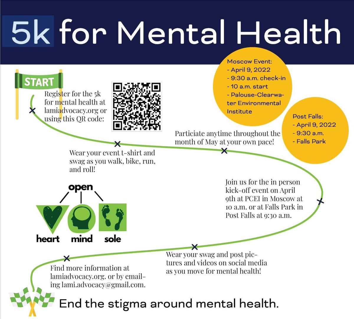 Can't make it to our Kick Off for the 5K For Mental Health? Join us for a live Instagram presentation on @LamiPalouse.  And complete your 5k at your own pace through May and post to social media with the #MoveForMentalHealth