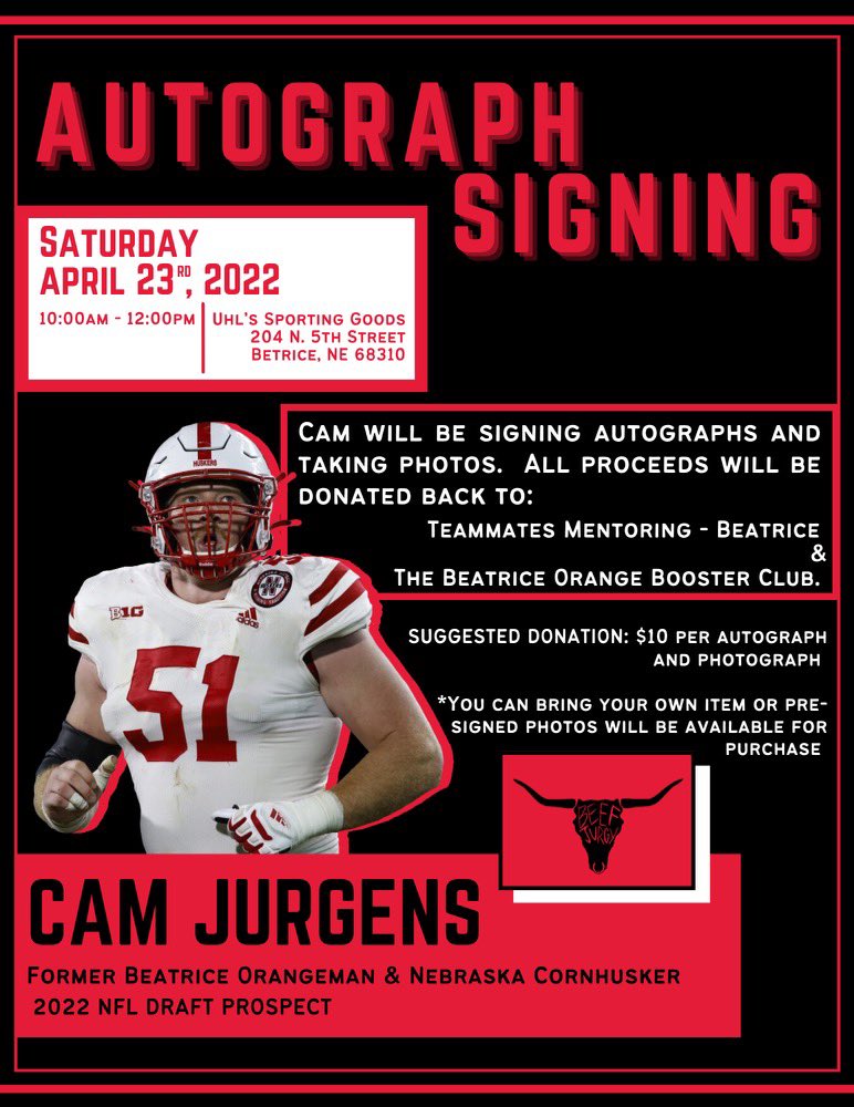 Excited to host a signing in my hometown of Beatrice! All proceeds will be donated back to the community, looking forward to seeing everyone that comes out!
