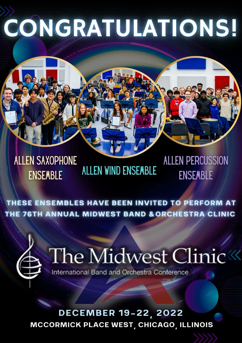 AllenBand's tweet photo. Congratulations to all the Allen Band Students!  We can't wait to see you perform in Chicago in December. #Midwest #MidwestClinic #Allen #Band https://t.co/sqYl4eAQQg