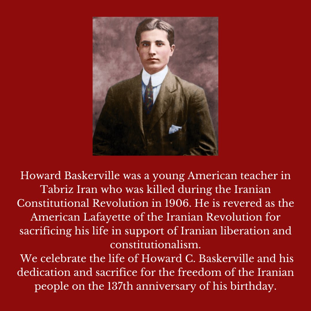 CivicFriendship's tweet photo. Today marks the 137th birthday of Howard Baskerville. We emulate his teachings on friendship and peace as we reflect on his sacrifice for Iranian liberation. 
#civicfriendship #iran #america #international #diplomacy #revolution #howardbaskerville 
#هواردباسکرویل #انستیتوباسکرویل https://t.co/QxMnhwsqyR