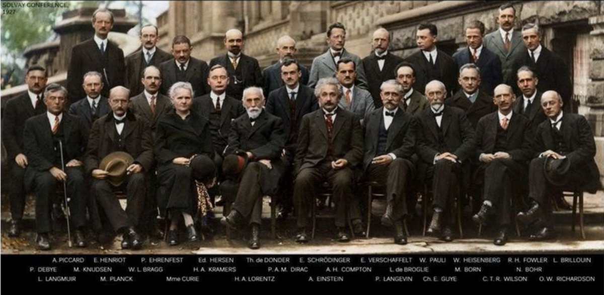 LGcommaI's tweet photo. As everyone knows, at the #SolvayConference 1927, Heisenberg was uncertain, Schrödinger felt neither dead nor alive, Pauli felt excluded, Einstein's weight was relatively low, Curie was radiant with joy, Planck not to scale on the conference photo, and Dirac was near his peak. https://t.co/dHvYYIbfzC