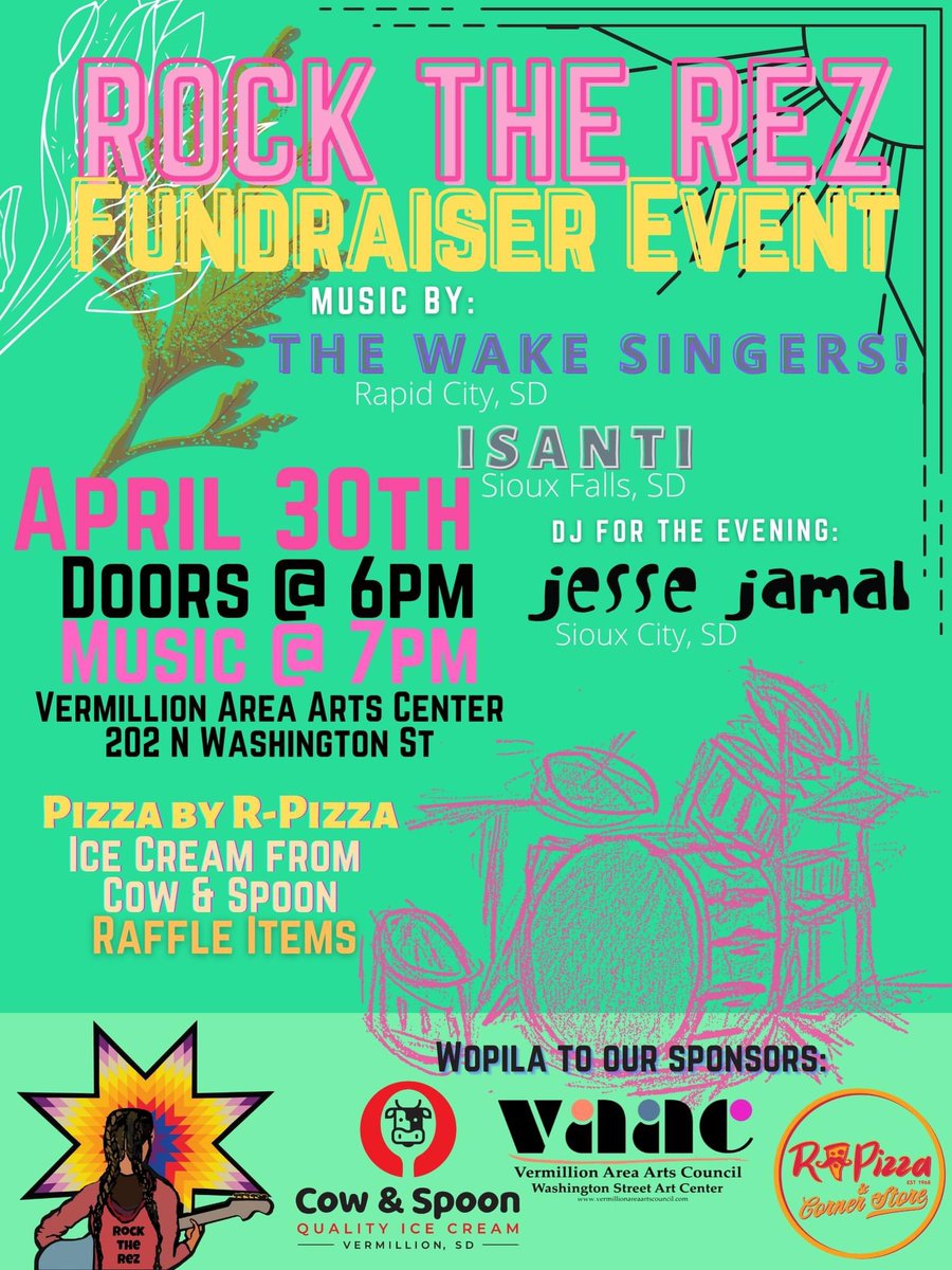 If you’re in the Vermillion area and are looking for fun night that supports a good cause, come on out! Visit RocktheRez.com for other ways to donate! We support and empower indigenous youth in Pine Ridge!
#Indigenous #SD #Music #Event #Empowerment #pizza #coffee