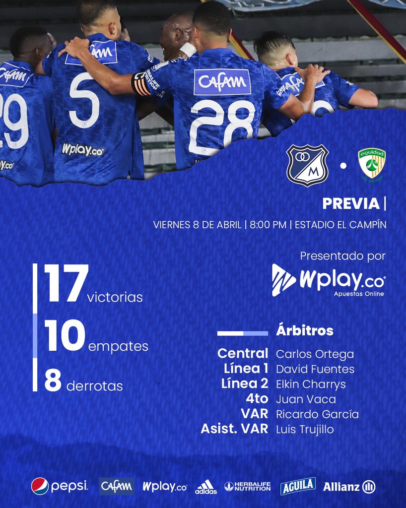 MillosFCoficial's tweet photo. ¡Una vez más! ¡TE VENIMOS A ALENTAR! 🏟💙⚽️

@WplayColombia presenta el historial y grupo arbitral para el juego de hoy en El Campín. 

¡VAMOS MILLONARIOS! 🔵⚪️ https://t.co/FctreobZqa