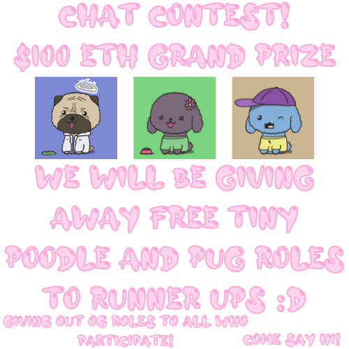 We are hosting a chat contest on our discord!

Whoever sends the most messages in a week will win $100 in ETH! 🔥

1⃣ Like, RT, Tag three friends on this post
2⃣ Follow <a href="/TinyPoodlesNFT/">Tiny Poodles NFT</a> 
3⃣ Join discord.gg/poodles and send as many messages as you can!

#NFTGiveaway #NFT #NFTS