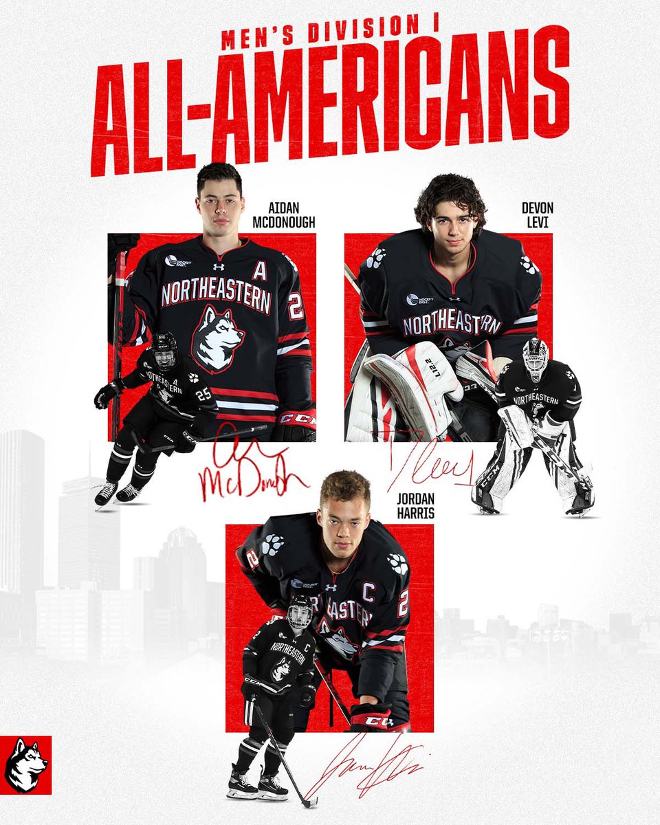 How about this triumvirate?!

Three All-Americans for your #HowlinHuskies, tied for the most in the nation this season!

Devon Levi - First Team
Aidan McDonough - First Team
Jordan Harris - Second Team