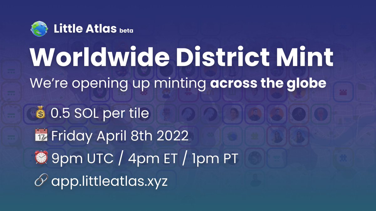 littleatlas_xyz's tweet photo. So far people are minting tiles in these cities:

New York 🇺🇸
Dubai 🇦🇪
Lisbon 🇵🇹
Spain 🇪🇸
Moscow 🇷🇺
Miami 🇺🇸
London 🇬🇧
Geneva 🇨🇭
San Francisco 🇺🇸

Hop on the map: https://t.co/0kYRT3GFG0 https://t.co/aPg7V0tmDq