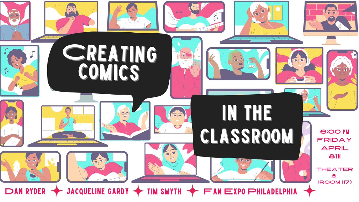 jacquiegardy's tweet photo. If you’re here at @FANEXPOPhilly tonight, come by and watch our session! 6PM! Theater 8 room 117! #educomics #comicsintheclassroom #FanExpoPhiladelphia https://t.co/rJ6xnuFmaw