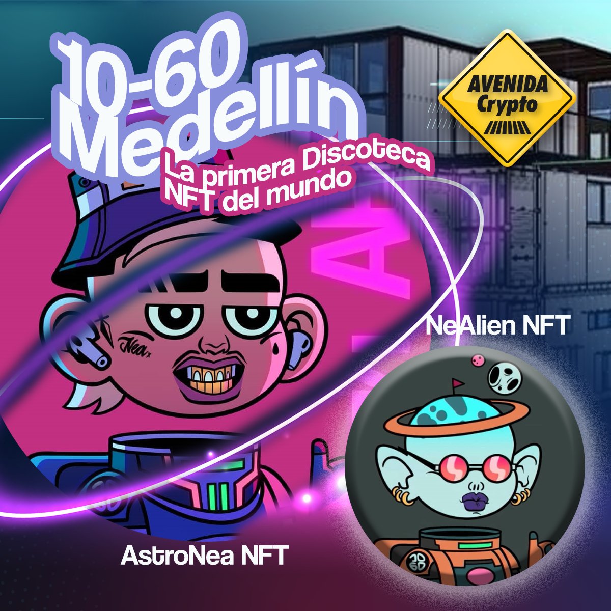 AvenidaCrypto's tweet photo. 10-60 #Medellín la primera #Discoteca #NFT del mundo, con caoacidad para 2,200 personas.

AstroNea NFT es la primera colección NFT, que te brindará grandes beneficios:

-Acceso a eventos VIP
-Salas VIP
-Descuentos y mucho más.

#AvenidaCrypto #Crypto #NFTs $AVEC $BTC $ETH $KLEE https://t.co/YBbGA6qU41