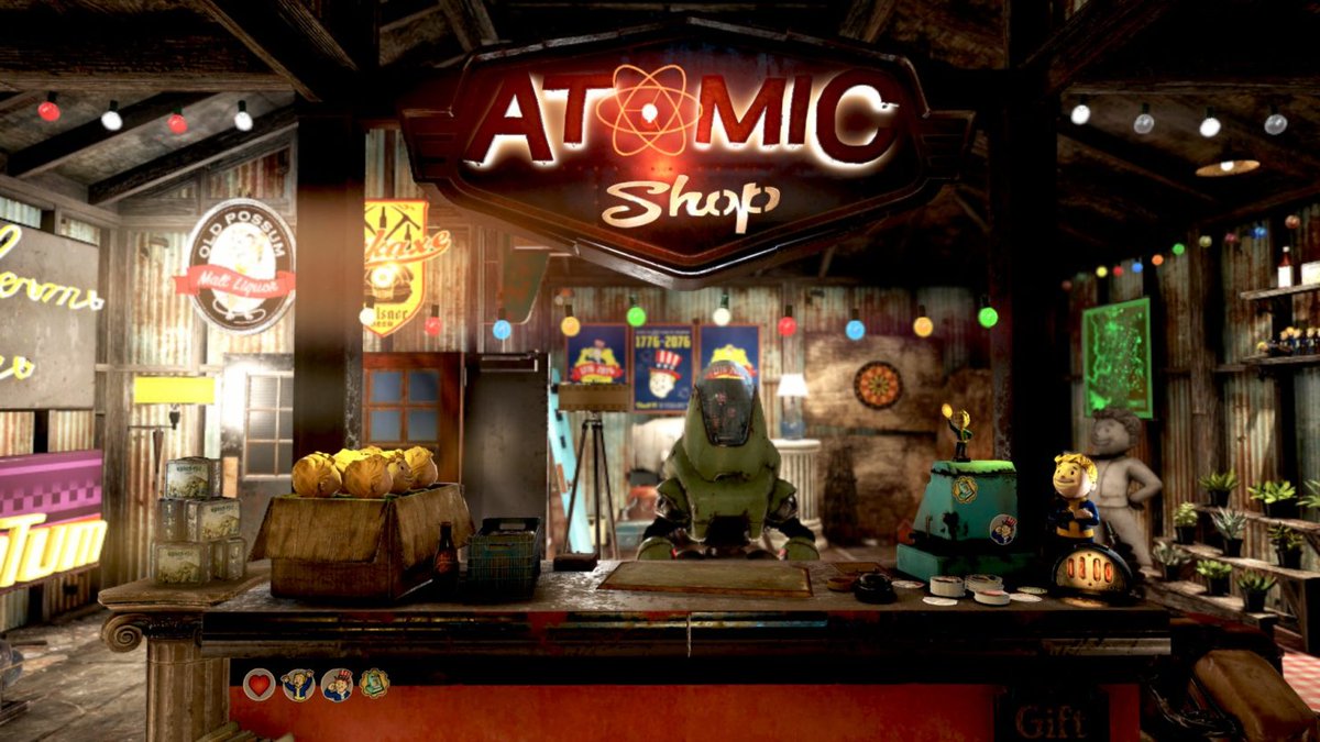clinwin77's tweet photo. So I tried to recreate the Atomic Shop for one of my camps. It's not perfect but I'm happy with it. I was missing a few things that I feel would make it better but they are no longer available, So 
I made the best of it. #fallout76camps #theatomicshop #FO76 #Fallout76 #Fallout https://t.co/sgbh9bGIOI