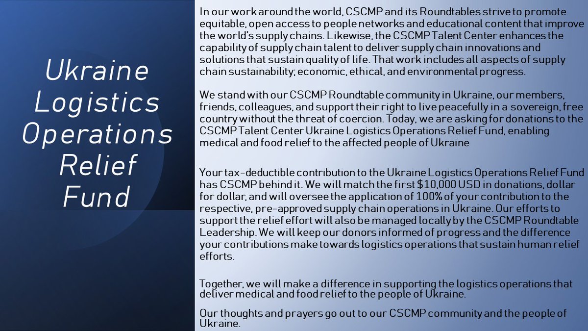 cscmp's tweet photo. CSCMP and its Ukraine Roundtable have established the @CSCMPTalentCtr Ukraine Logistics Operations Relief Fund to support the delivery of medical and food relief to those affected by the war in Ukraine. 

Please, donate to the Ukraine Relief Fund today: https://t.co/koopAD7raL https://t.co/pgsskBF7Pf