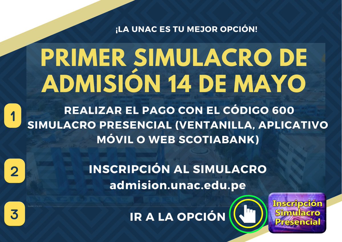 CAdmision_UNAC's tweet photo. 🕵️‍ ¡UNAC TE ESPERA! 👨‍🎓🧑‍🎓 
¡Prepárate y mide tus conocimientos!
👉 Fechas para el primer simulacro de examen de admisión: 
1️⃣4️⃣ MAYO 
Costo: S/.40
PASOS PARA PAGAR E INSCRIPCIÓN AL SIMULACRO https://t.co/OyBrb3jbi2