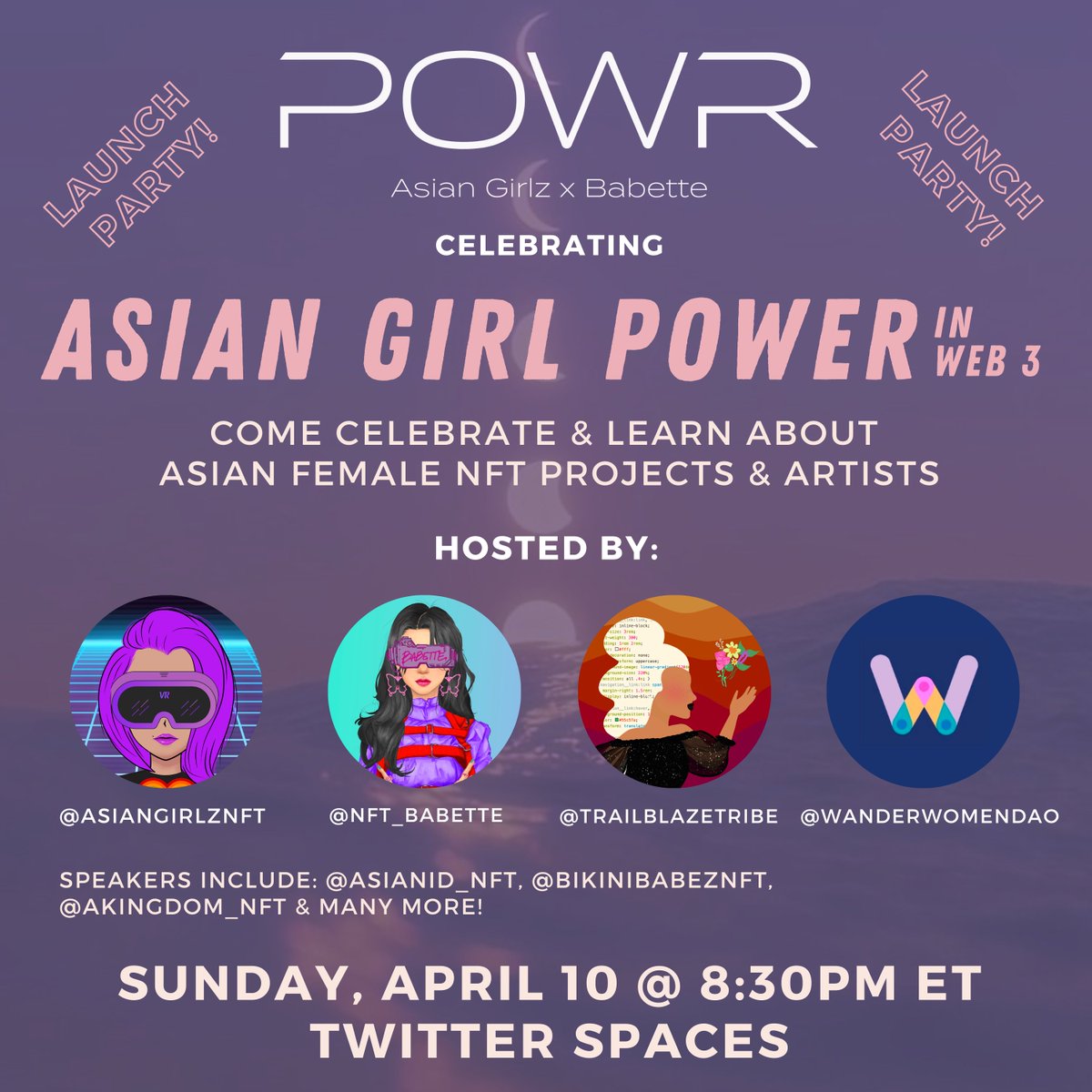 Come join our POWR key LAUNCH PARTY Sunday on Twitter @ 8:30pm ET. We are celebrating Asian Girl Power in Web 3 w/ <a href="/nft_Babette/">Babette | 바벳</a> @TrailblazeTribe <a href="/WanderWomenDAO/">Wander Women DAO</a> <a href="/AsianID_NFT/">Asian Identity</a> @BikiniBabezNFT &amp; more. Learn about Asian female artists &amp; creators &amp; come share💗
x.com/i/spaces/1nAJE…