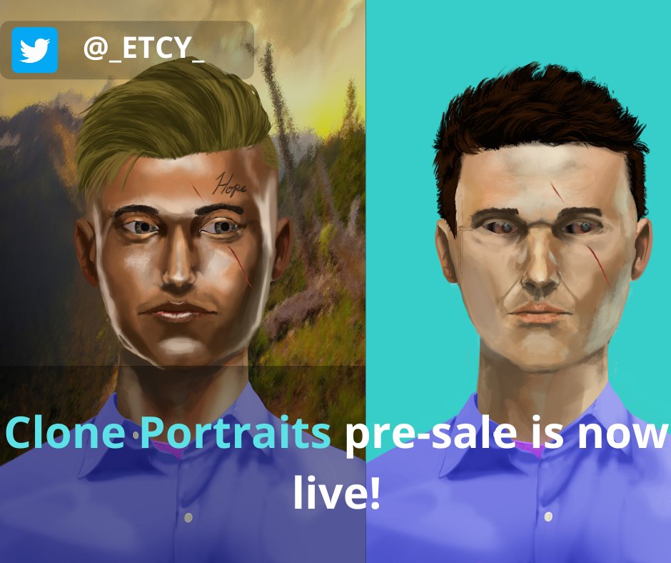 _ETCY_'s tweet photo. Clone Portraits are now live and on pre-sale!
Check it out: https://t.co/lDzL75t0Zw
#NFT #NFTs #nftart #ETCY #LAUNCH
#NFTdrop #ClonePortraits #DigitalArt #DigitalArtist https://t.co/aNyvkUrED7