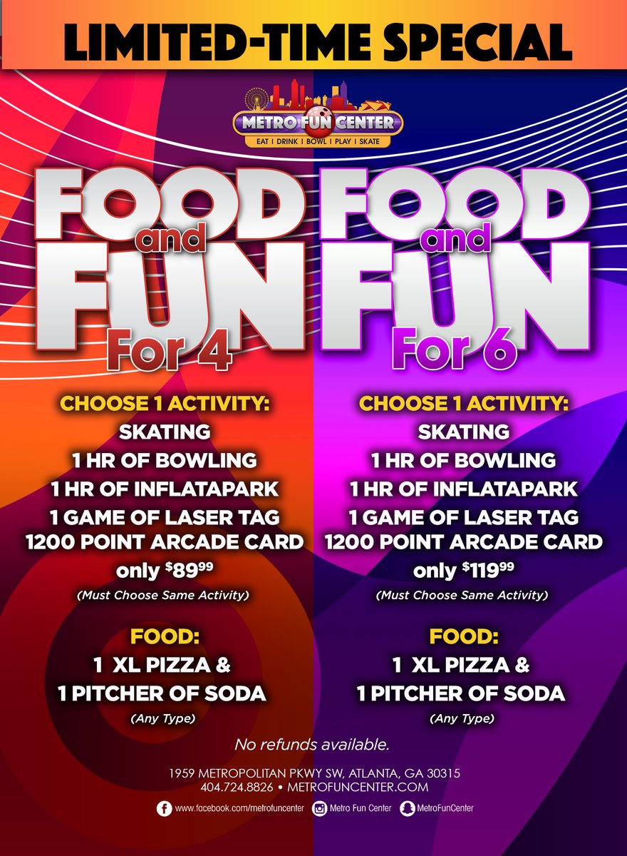 Metrofuncenter's tweet photo. Bundle Deals are finally here at Metro Fun Center!

Our Food and Fun Deal starts at $89.99 and includes your choice of one of our activities, XL pizza, and a pitcher of drink. 

We also have Weekday and Weekend Activity Bundles starting at $21.99. 

Must present flyer to redeem. https://t.co/HaCNtnqAmM