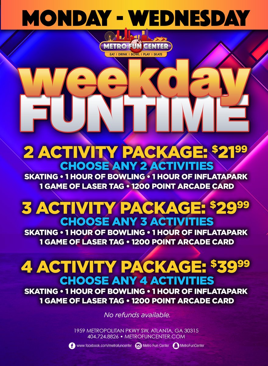 Metrofuncenter's tweet photo. Bundle Deals are finally here at Metro Fun Center!

Our Food and Fun Deal starts at $89.99 and includes your choice of one of our activities, XL pizza, and a pitcher of drink. 

We also have Weekday and Weekend Activity Bundles starting at $21.99. 

Must present flyer to redeem. https://t.co/HaCNtnqAmM