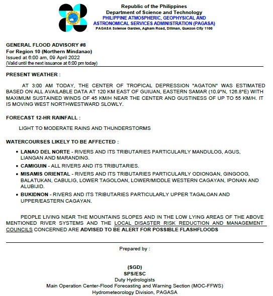 dost_pagasa's tweet photo. General Flood Advisories (GFAs)
Issued @ 6AM, 09 April 2022
Region 8 (Eastern Visayas) - #GFA9
Region 10 (Northern Mindanao) - #GFA8
Region 13 (CARAGA) - #GFA9 https://t.co/aqxMoMlAVL