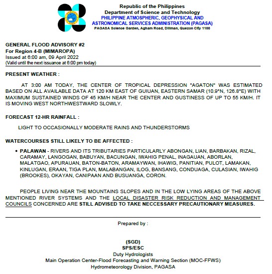 dost_pagasa's tweet photo. General Flood Advisories (GFAs)
Issued @ 6AM, 09 April 2022
Region 4B (MIMAROPA) - #GFA2
Region 5 (Bicol Region) - #GFA5
Region 6 (Western Visayas) - #GFA7
Region 7 (Central Visayas) - #GFA7 https://t.co/88369lKyQM