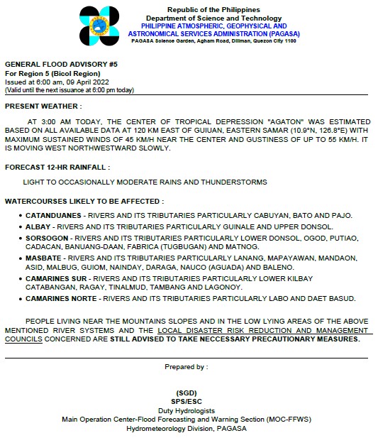 dost_pagasa's tweet photo. General Flood Advisories (GFAs)
Issued @ 6AM, 09 April 2022
Region 4B (MIMAROPA) - #GFA2
Region 5 (Bicol Region) - #GFA5
Region 6 (Western Visayas) - #GFA7
Region 7 (Central Visayas) - #GFA7 https://t.co/88369lKyQM